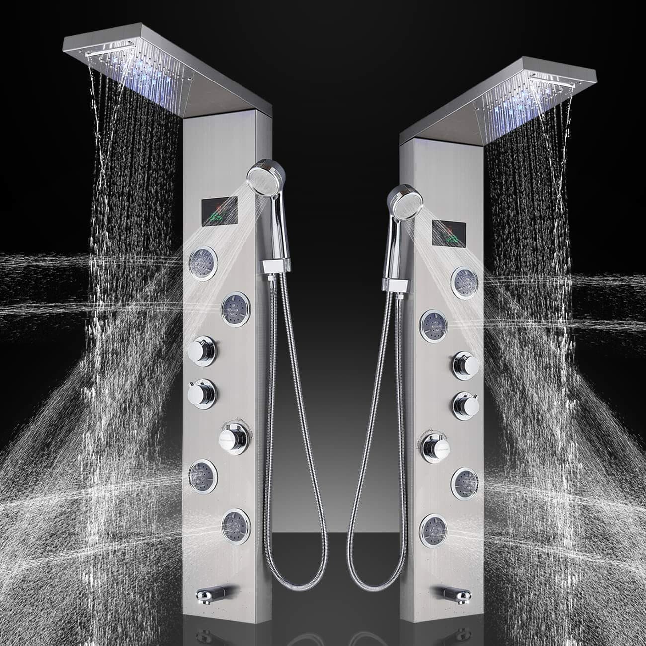 LED Shower Panel Tower Rain&Waterfall Shower Head Massage Full Body System Jets
