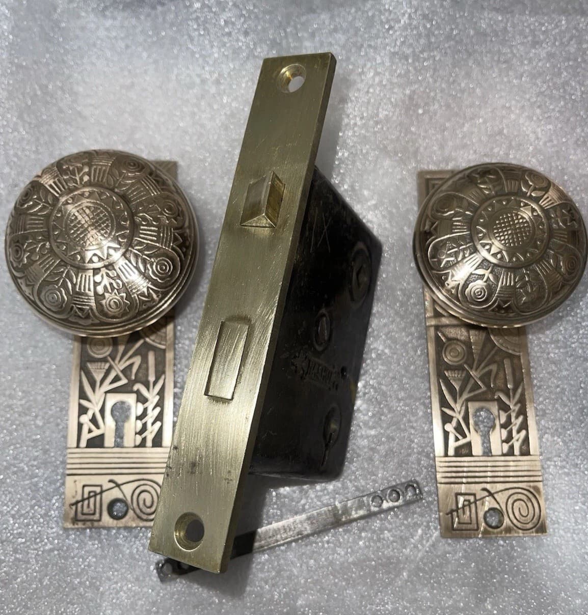 Antique Nashua Mortise &key Lock Set, 2 Backplates, 2 Brass Door Knobs