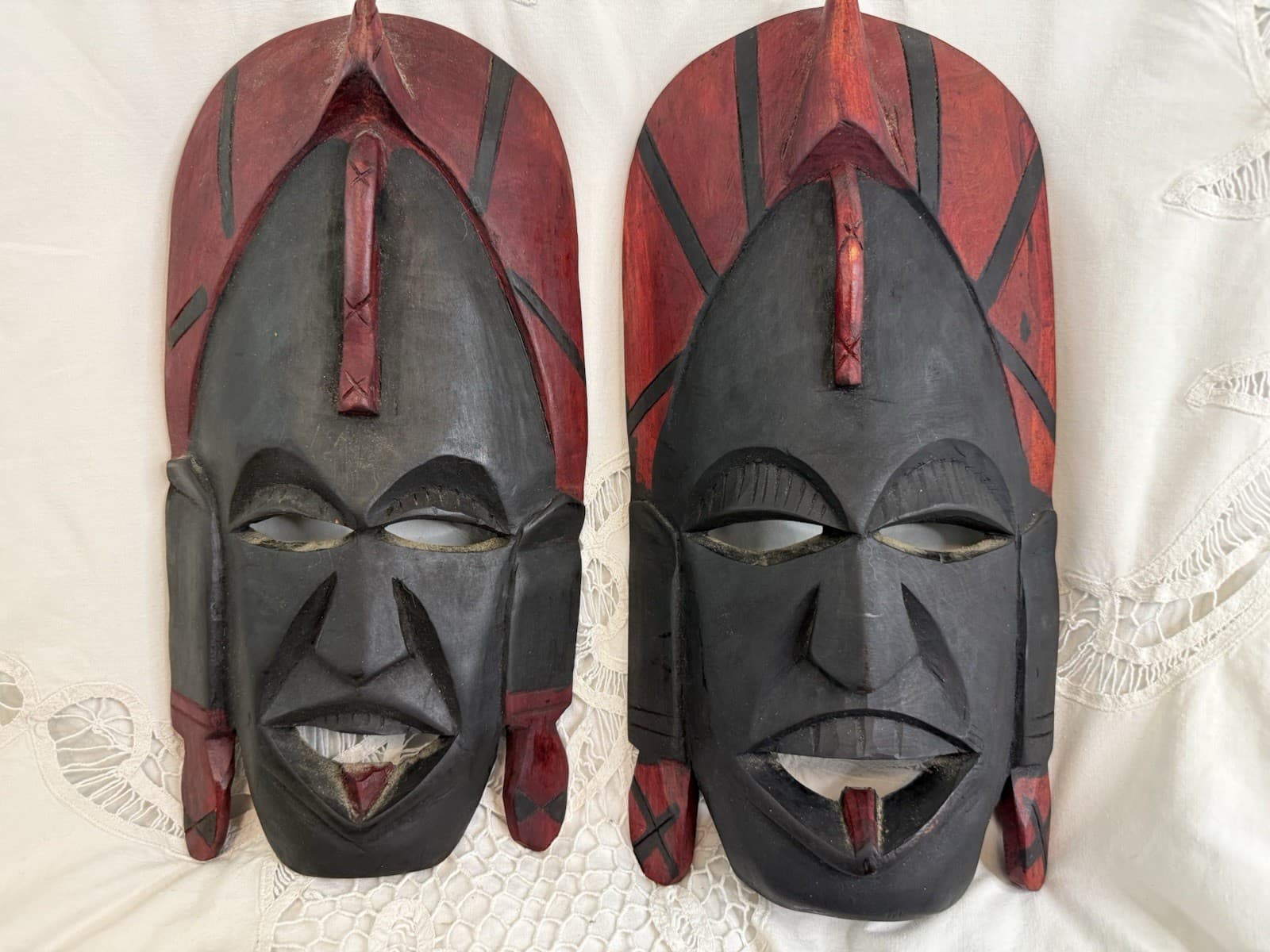 2 Hand Carved Kenyan Kenya Wooden Red Black Tribal Art Masks 12”x6.5”