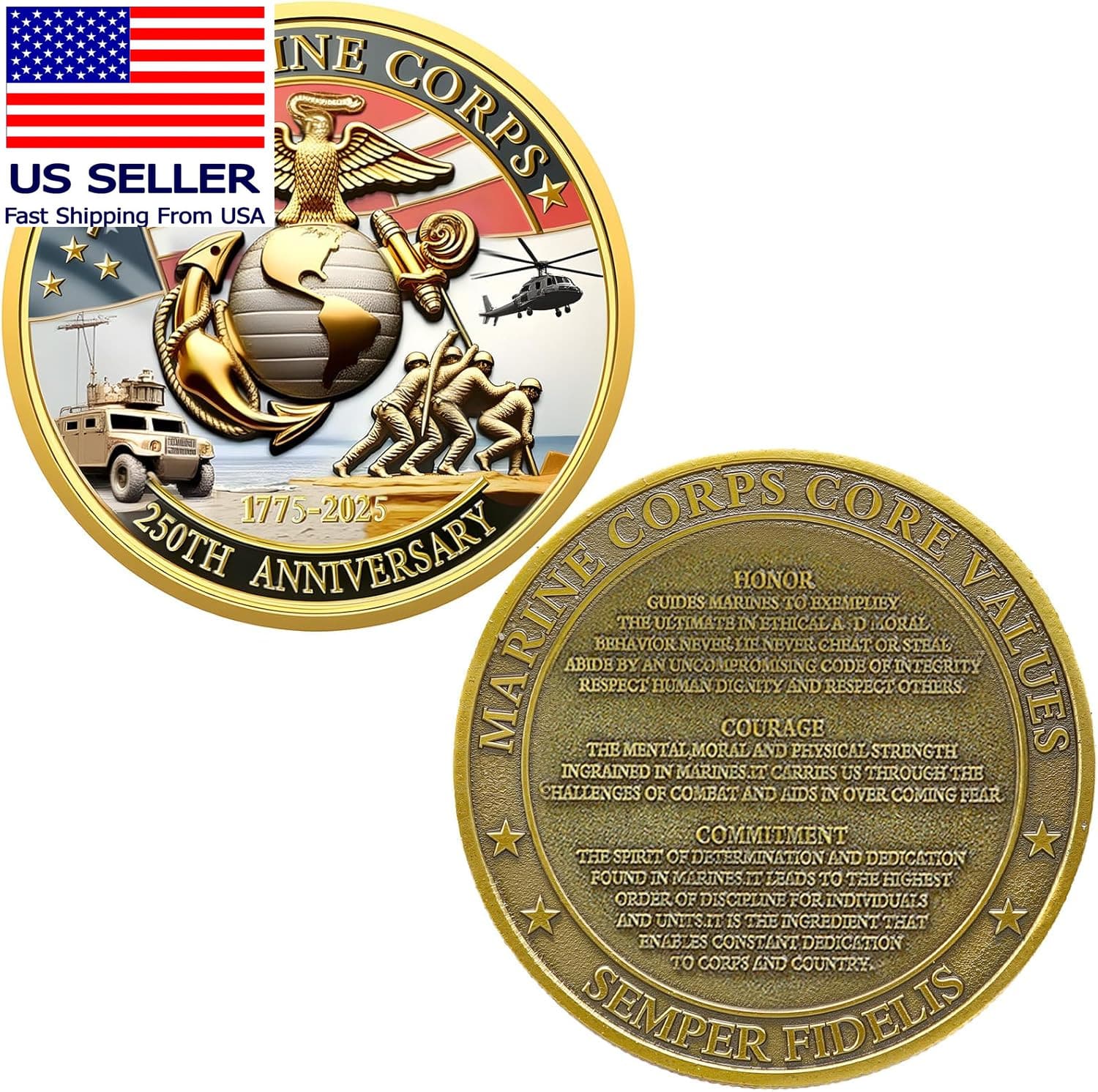 Marine Corps 250Th Anniversary Challenge Coin, 1.77 Inch Double-Sided US.MC Mili