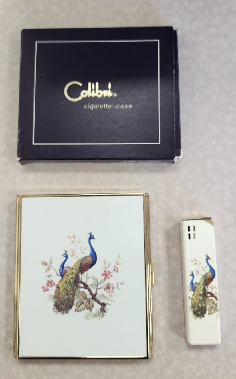 Vintage Colibri Matching Peacock Cigarette Case and Lighter Lot of 2