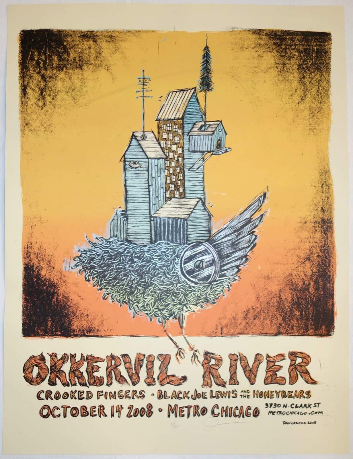 2008 Okkervil River - Chicago Silkscreen Concert Poster s/n by Dan Grzeca