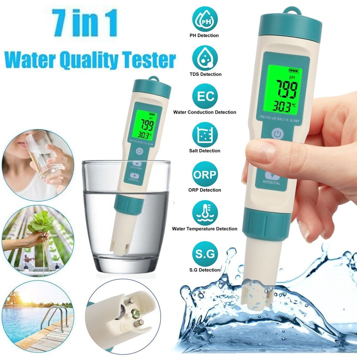 Water Quality Tester Meter Pen 7 in 1 Digital LCD PH/TDS/EC/ORP/TEMP/SG/Salinity