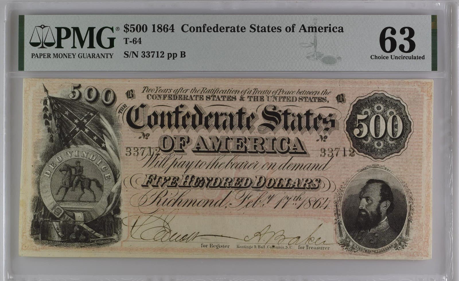 1864 $500 Confederate States of American T-64 - PMG 63 Choice Uncirculated