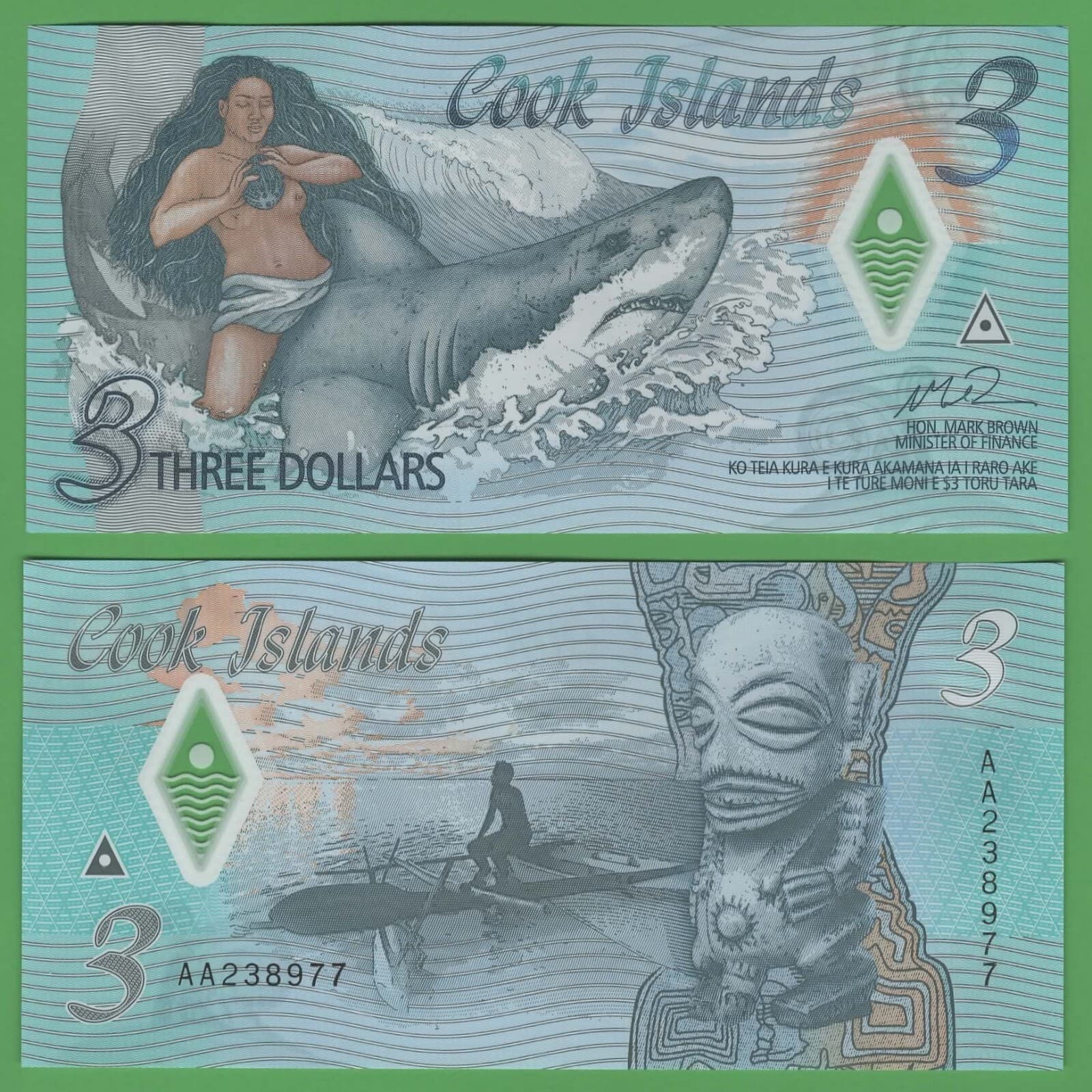 Cook Islands 3 Dollars 2021 P-11 Polymer Banknote Shark Lady