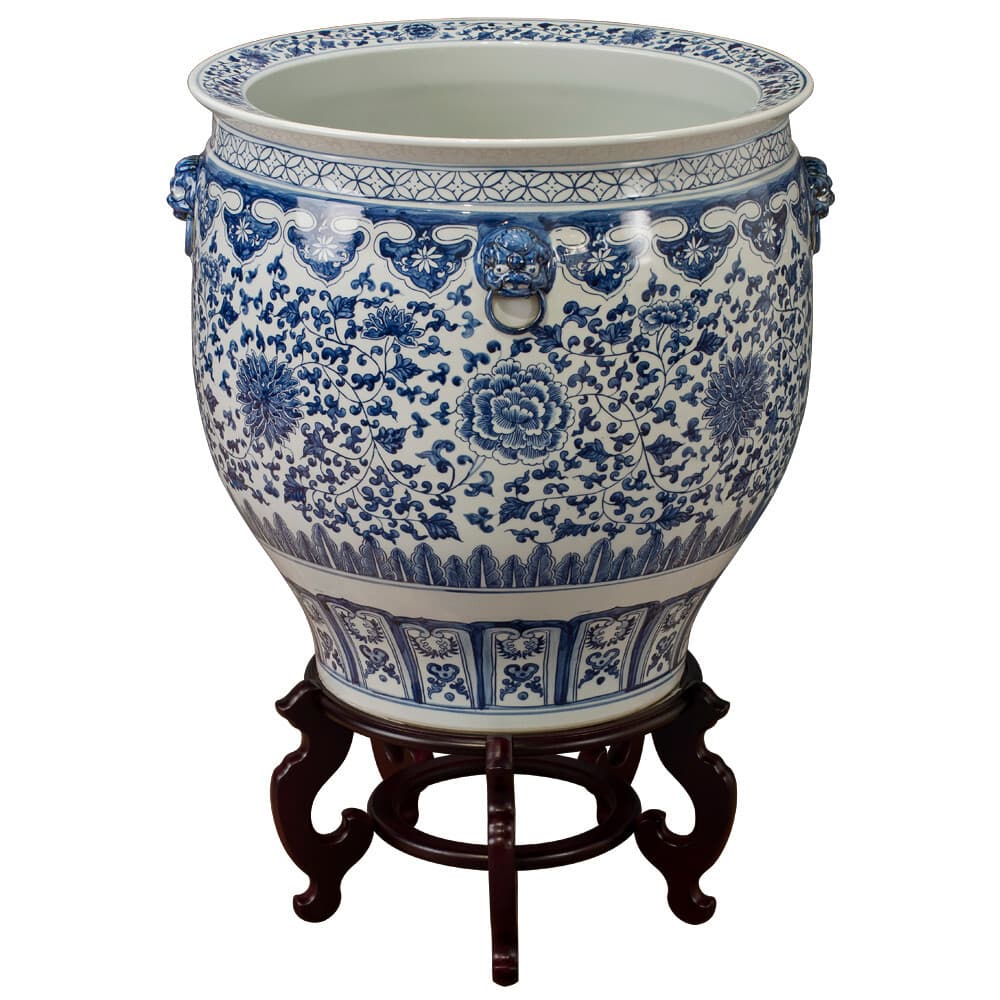 US Seller - 23.5in Grand Blue White Porcelain Peony Oriental Fishbowl Planter
