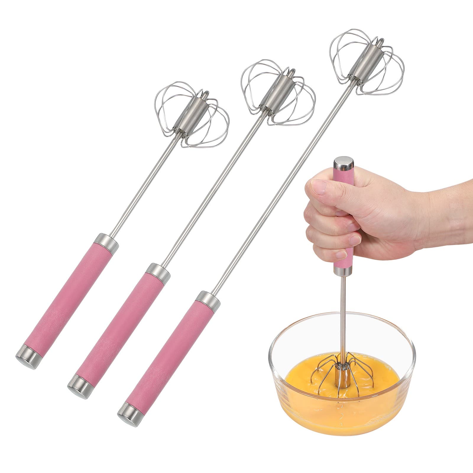 3 Pcs Stainless Steel Whisk Semi-Automatic Whisks, Pink (Small/Medium/Large)