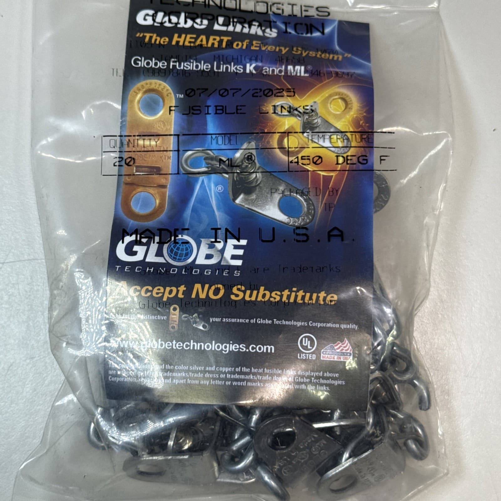 20 Pack Globe Technologies 450°F Model ML Fusible Links 450ML-25