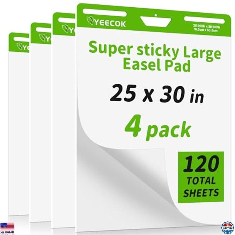 Sticky Easel Pad 25"x30", 30 Sheets/Pad, 4 Pads/Pack, Bleed-Resistant Flip Chart