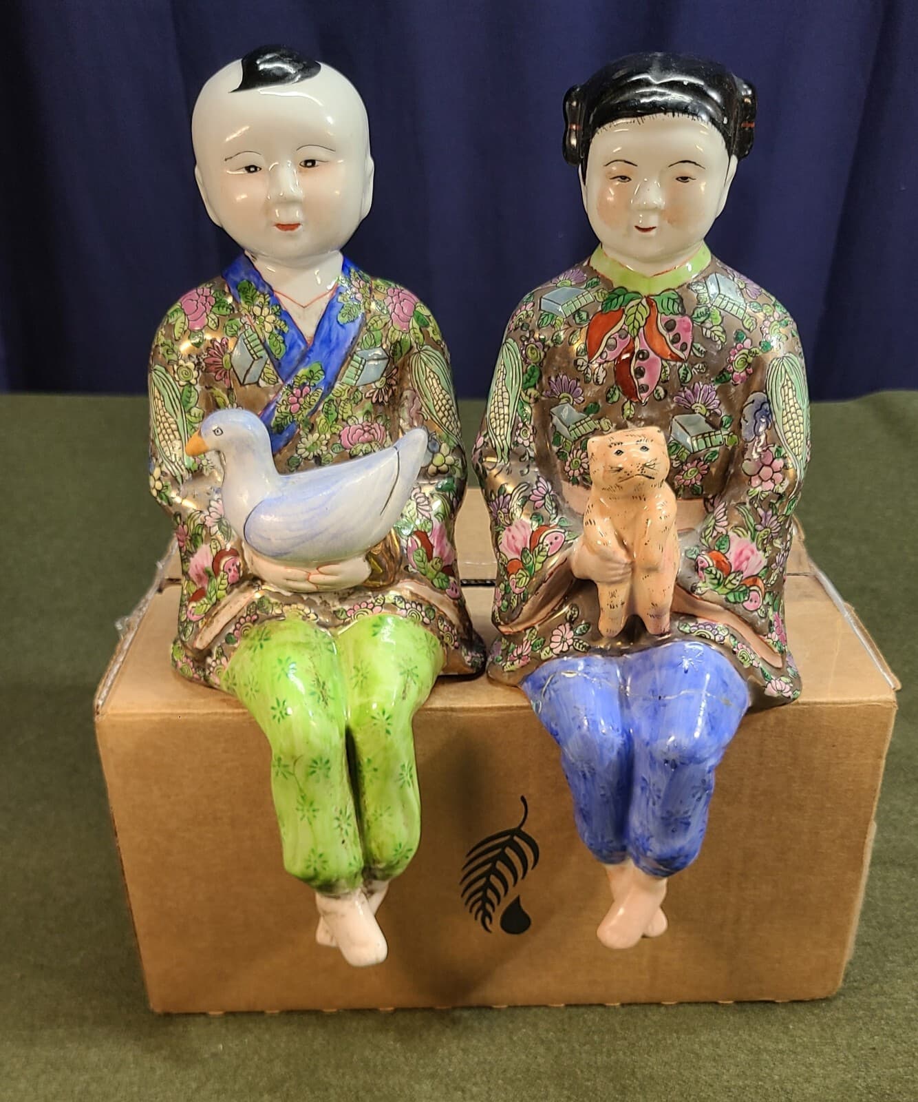 Vintage Chinese Asian Chinoiserie Painted Porcelain Boy and Girl Shelf Sitters
