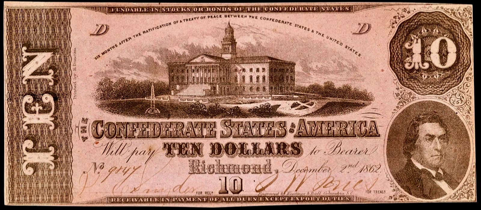 1862 CONFEDERATE STATES AMERICA CURRENCY $10 DOLLAR NOTE T-52 CRISP UNCIRCULATED