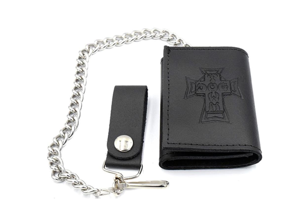 Dogtown Skateboards Vintage Cross Logo Trifold Black Leather Chain Wallet