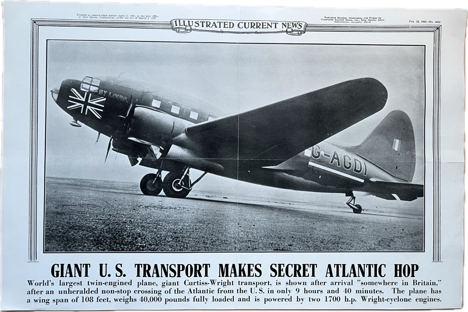 1942 CURTISS WRIGHT CW-20A ST LOUIS TRANSPORT ILLUSTRATED CURRENT NEWS WWII RARE