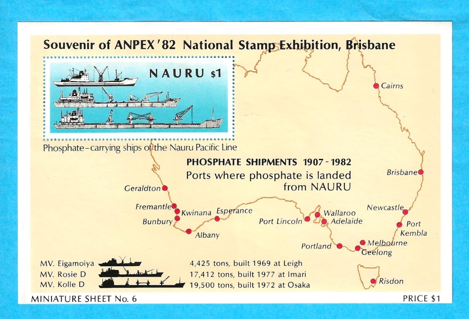 NAURU - 1982 ANPEX MNH SOUVENIR SHEET - PHOSPHATE SHIPMENTS - MB4