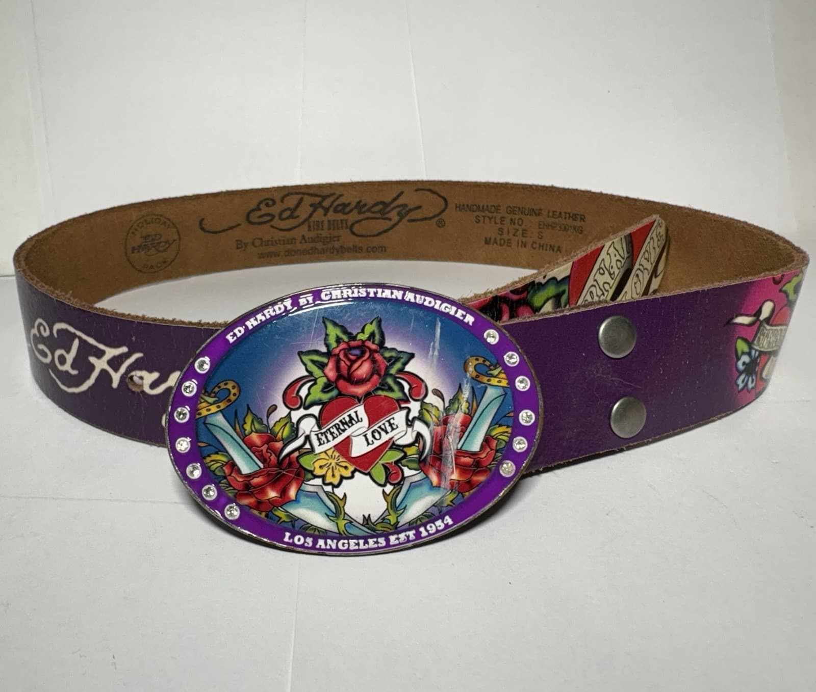 ED HARDY Holiday CHRISTIAN AUDIGIER ETERNAL LOVE Purple Leather Belt Buckle S