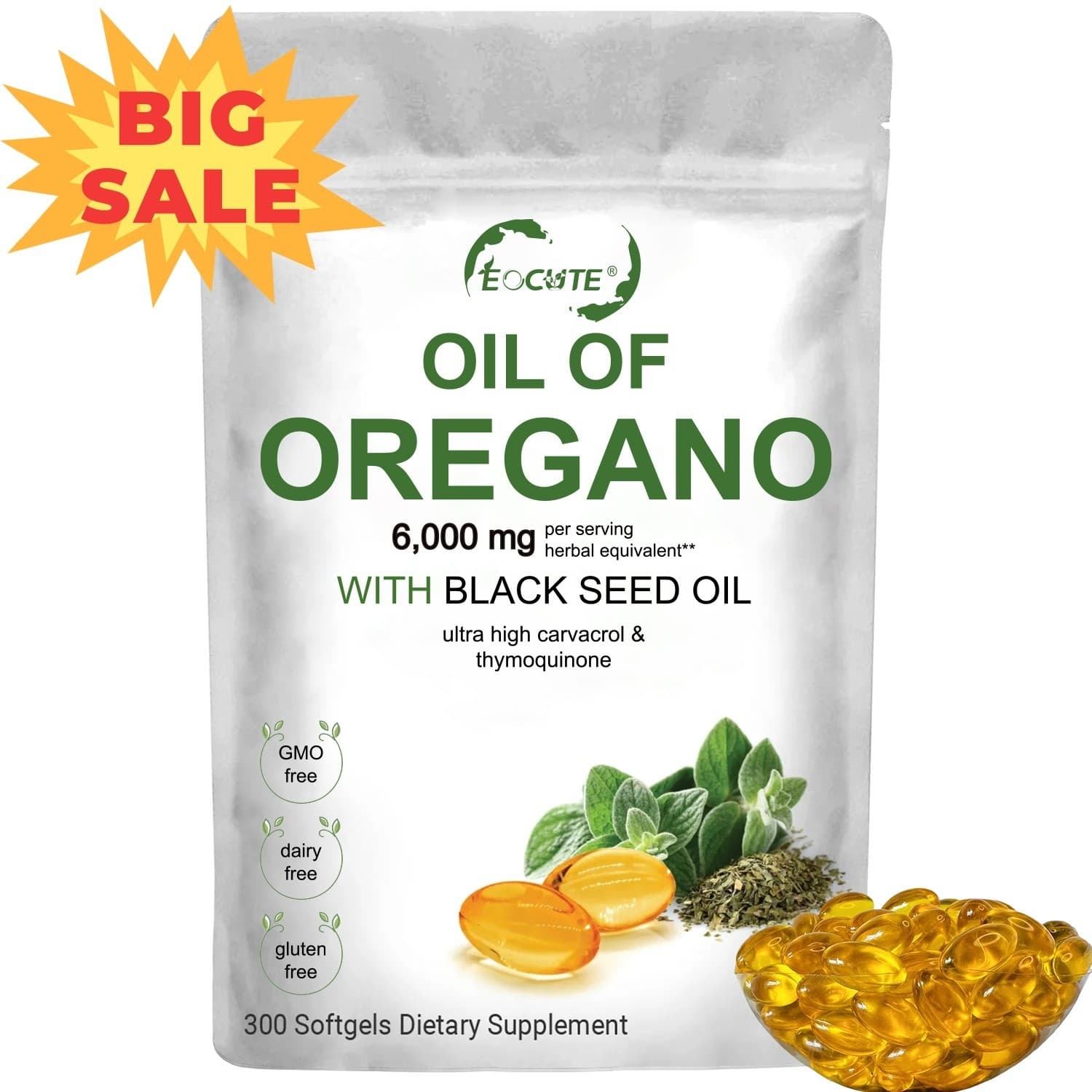 Oil of Oregano 300 Softgels 2 in 1 Black Seed Oil Organic Herbal Supplement