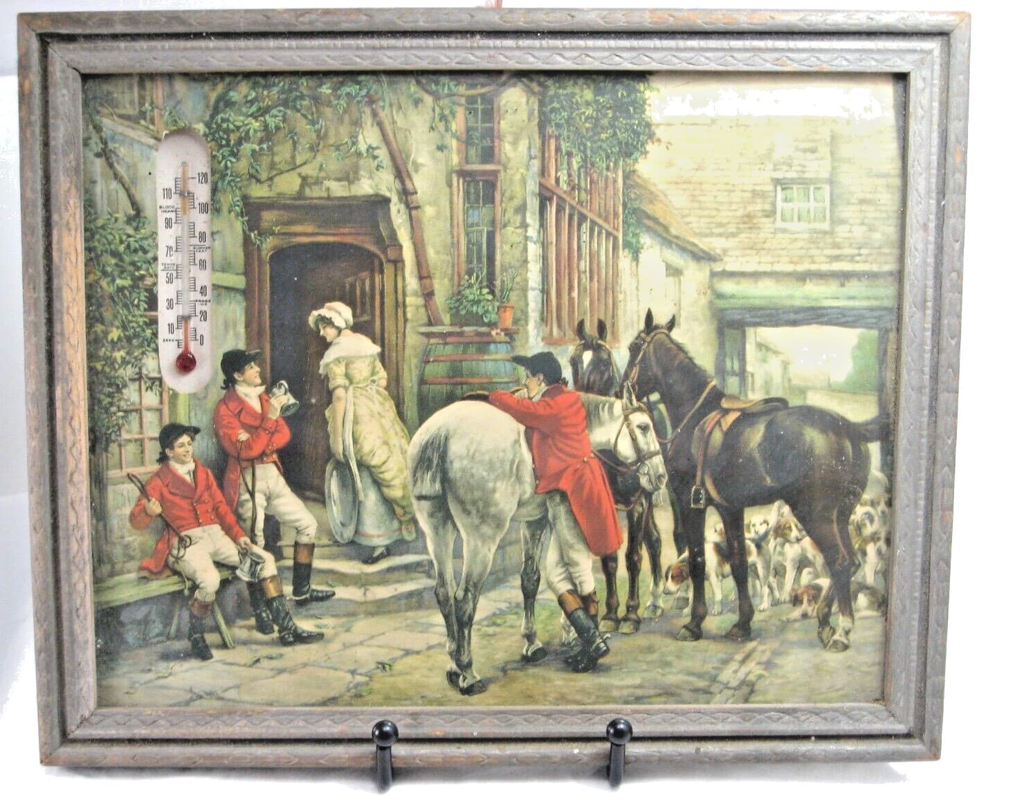 Very Old Fox Hunting Print with Thermometer Hounds Horses Dapple Grey Post Hunt