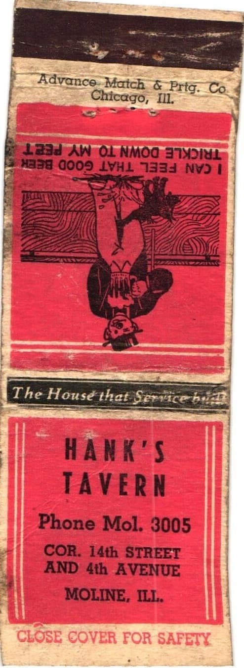 Hank's Tavern, Moline, Illinois Vintage Matchbook Cover