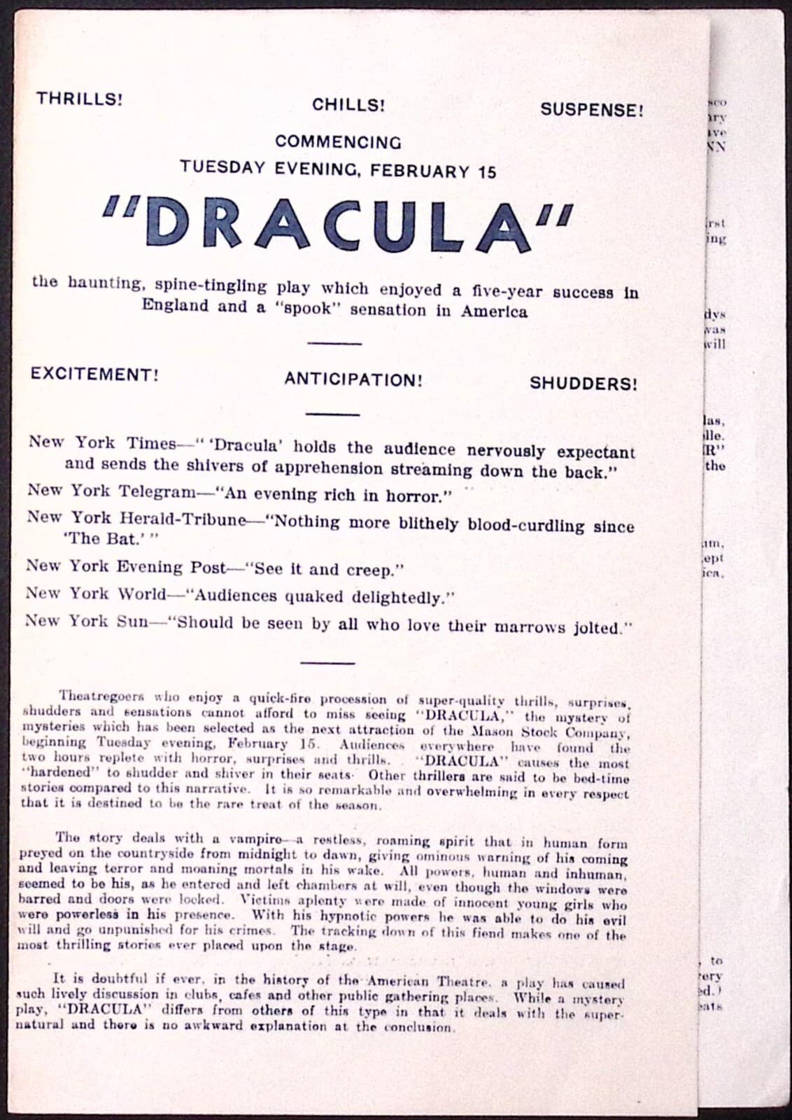Vintage DRACULA Theater Program Mason Opera House LOS ANGELES CA