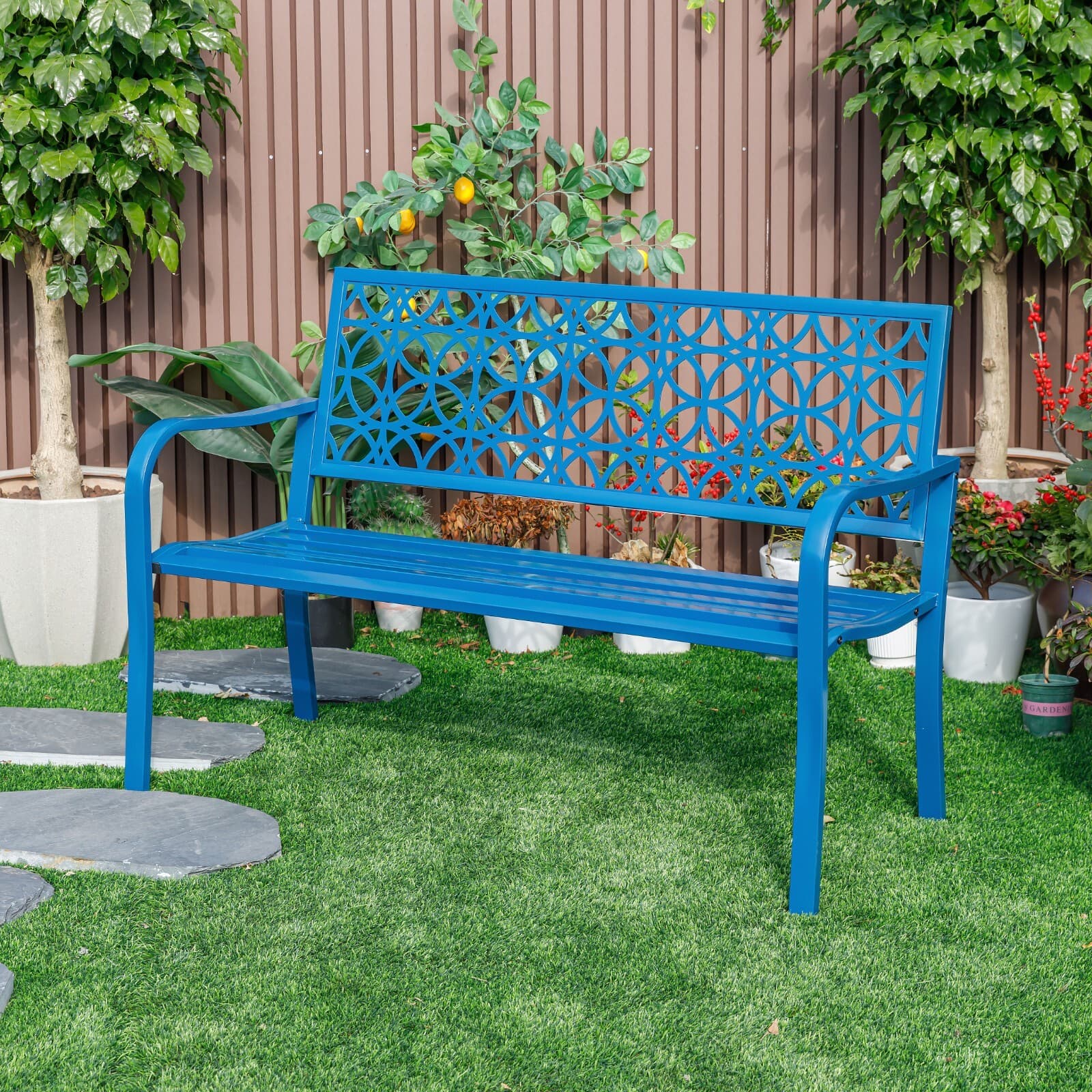 Blue Metal Garden Bench Lattice Outdoor Seat Patio Yard Porch Chair Decor