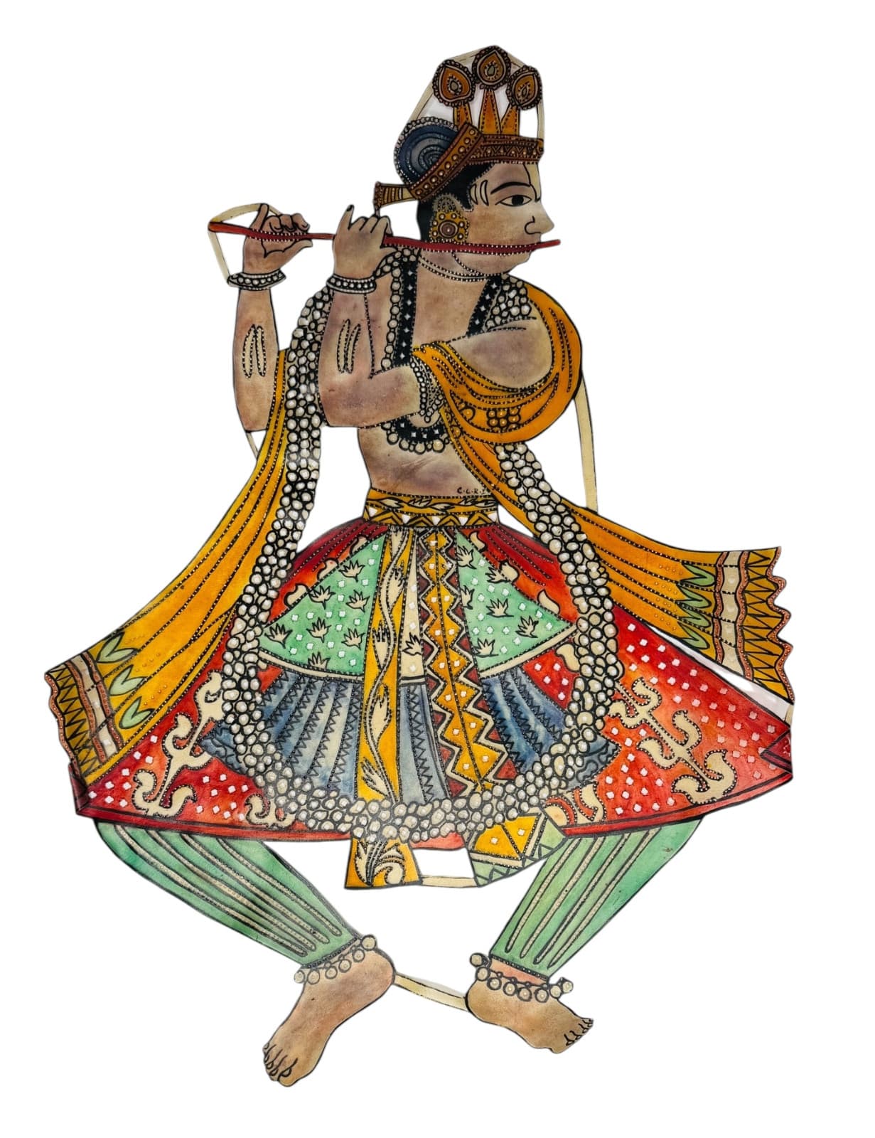 LORD KRISHNA LARGE SHADOW THEATRE PUPPET RARE Hindu God Vishnu 23" Leather CLRI