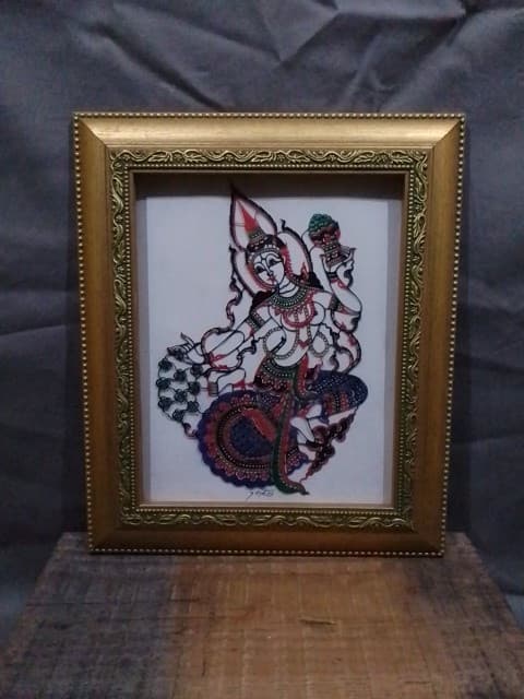 Vintage Asian Indian Framed Art Embroidery Gold Frame Colour / 32x28 cm