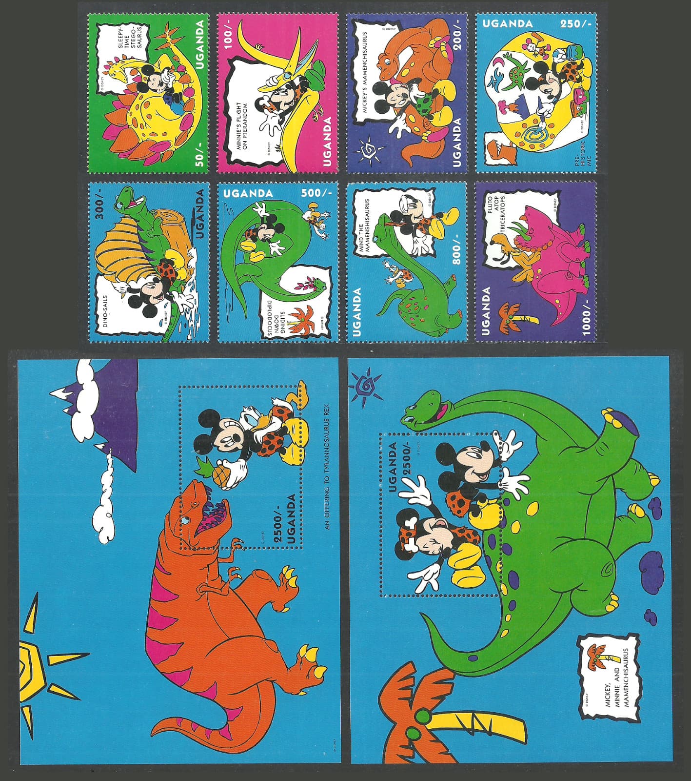 UGANDA 1993 DISNEY PREHISTORIC DINOSAURS SET & 2 M/SHEETS MNH