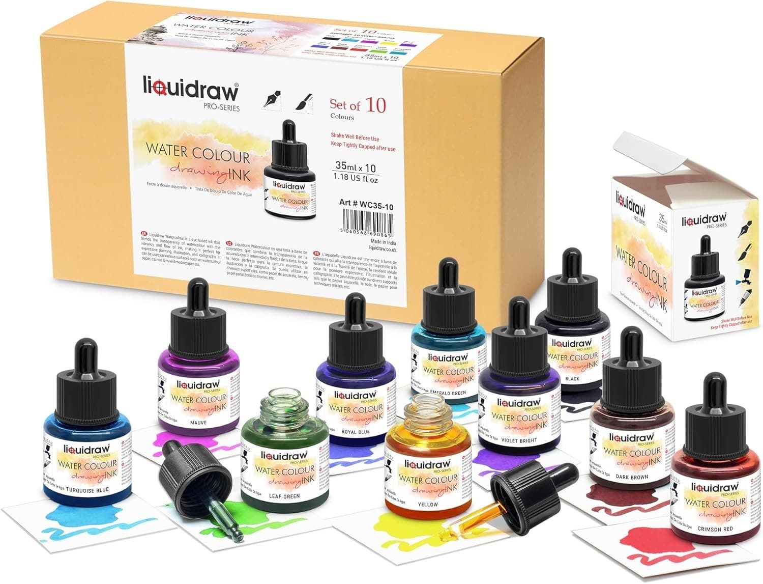 Liquidraw Watercolour Drawing Ink Set of 10 Assorted Colours | 35ml with Dropper