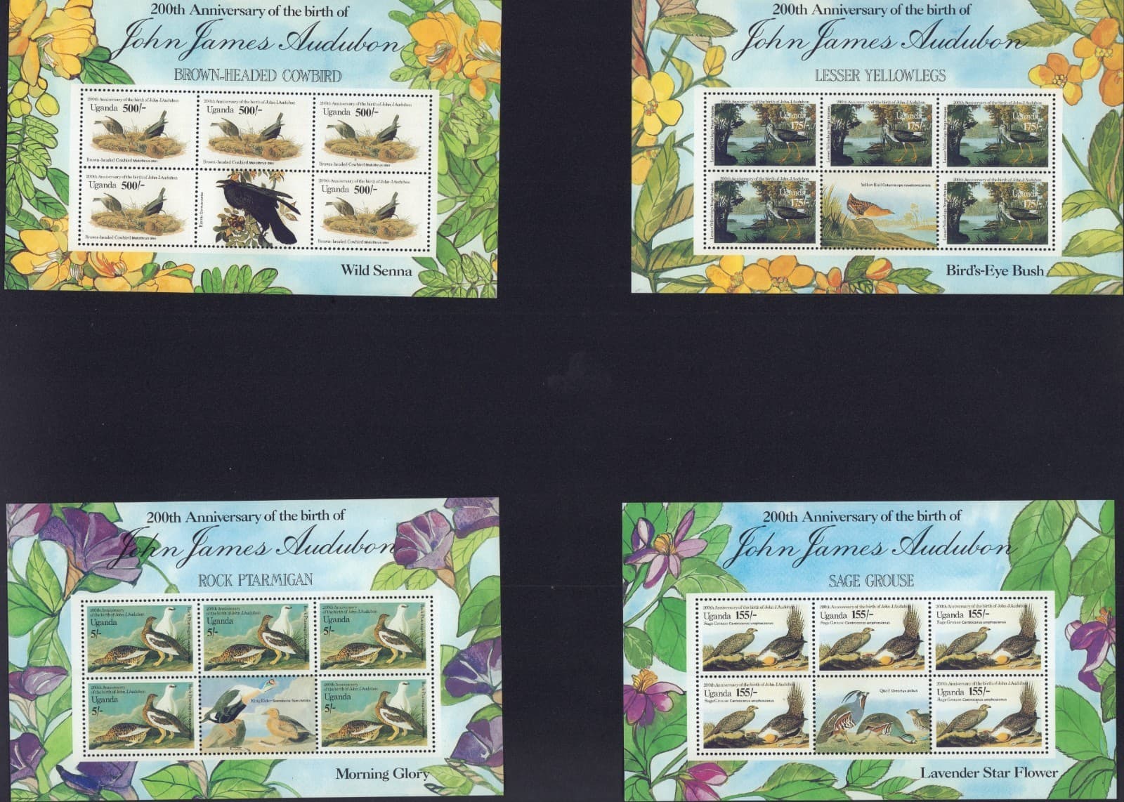 UGANDA 1985 ADUBON BIRDS FAUNA 469-472 SHEETS MINT MNH