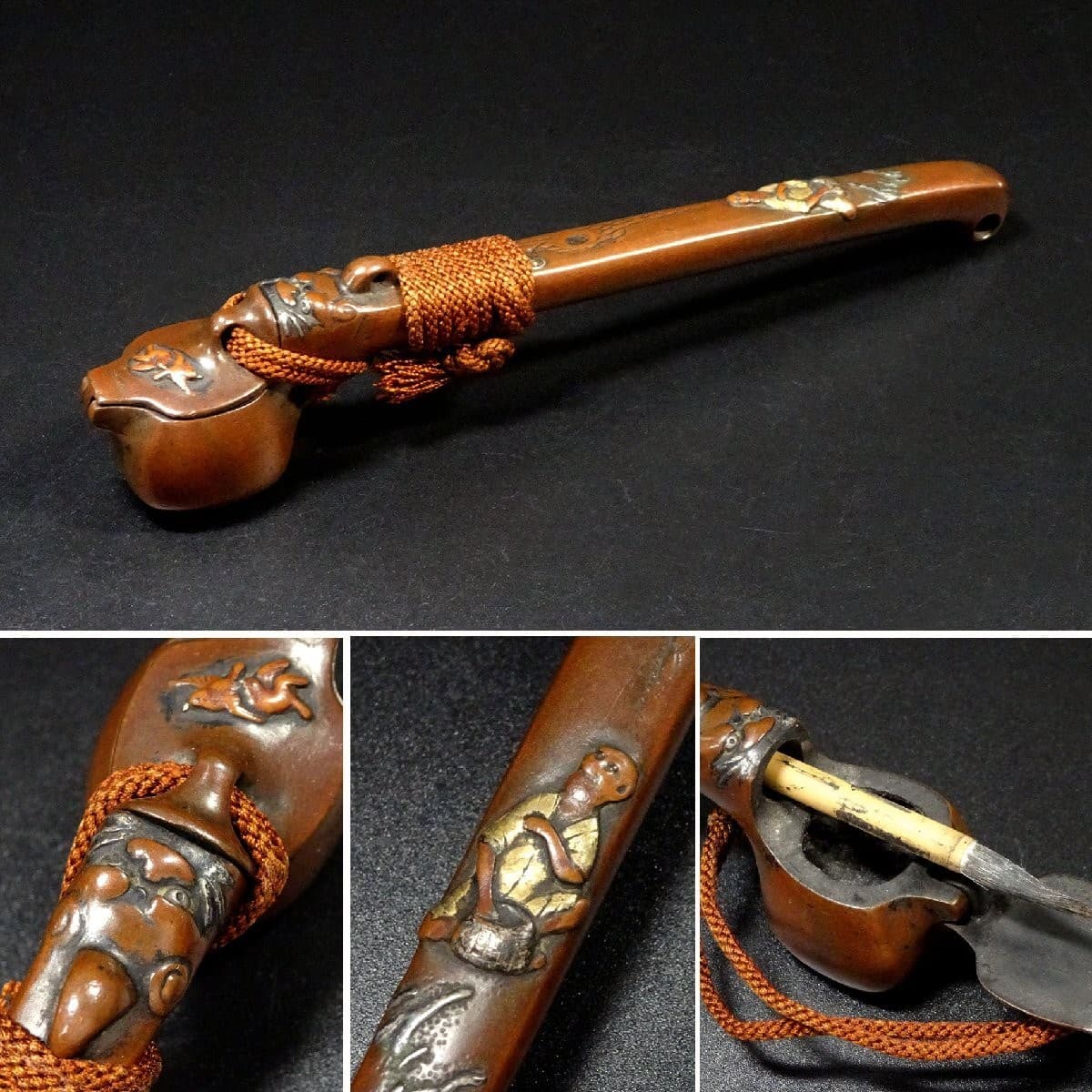 Antique Bronze Yatate Ink Holder High Relief Gold Silver Inlay Design JP Edo