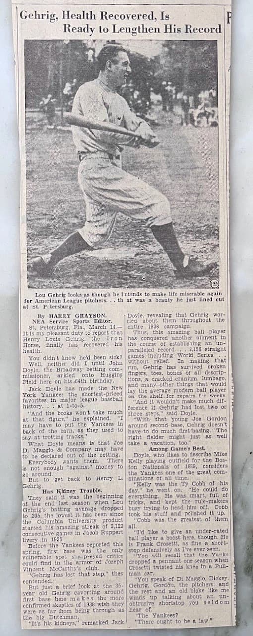 1939 newspaper feature "Gehrig, Health Recovered, Is Ready to Lengthen Record