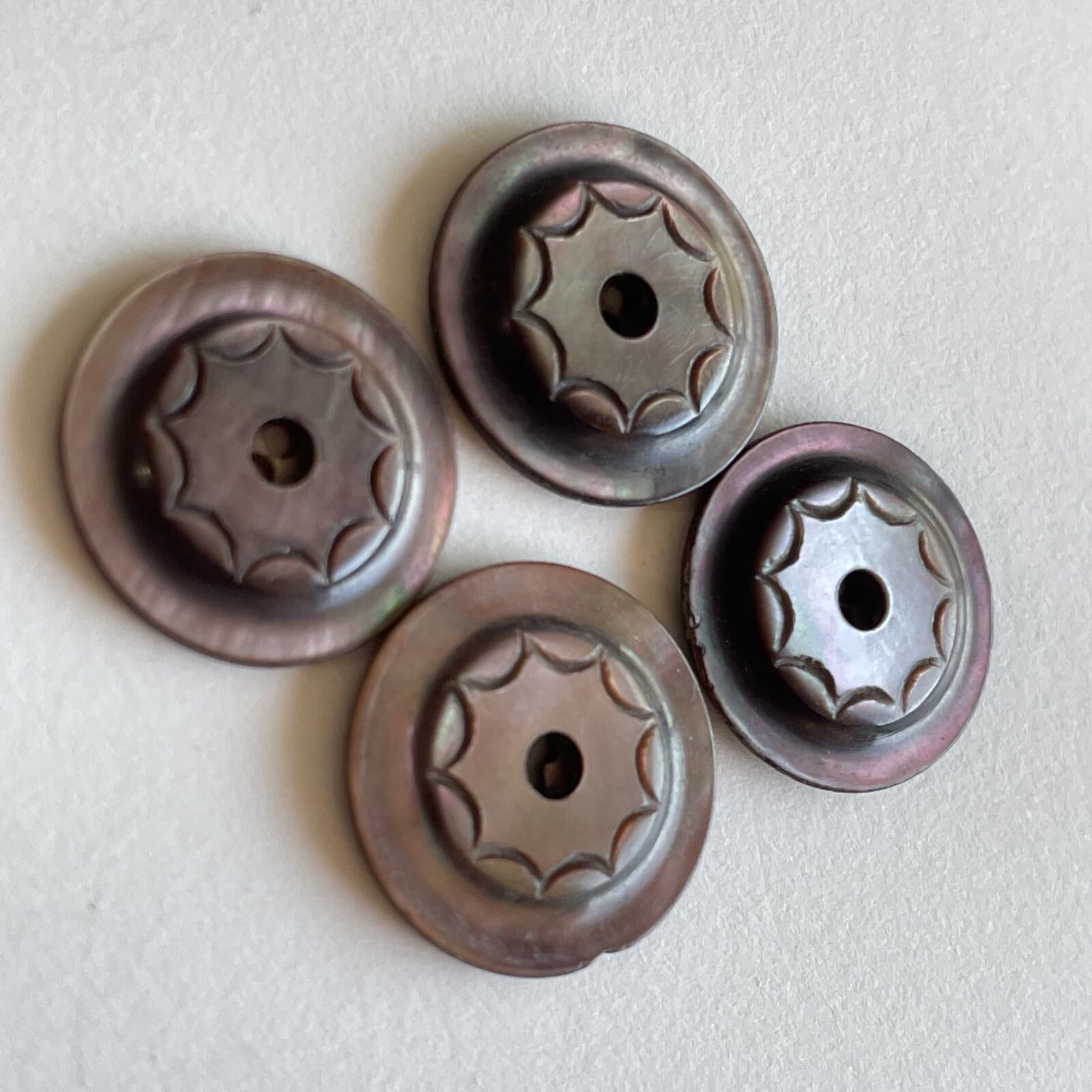 Set Of 4 shell abalone buttons fancy carved Whistle etched