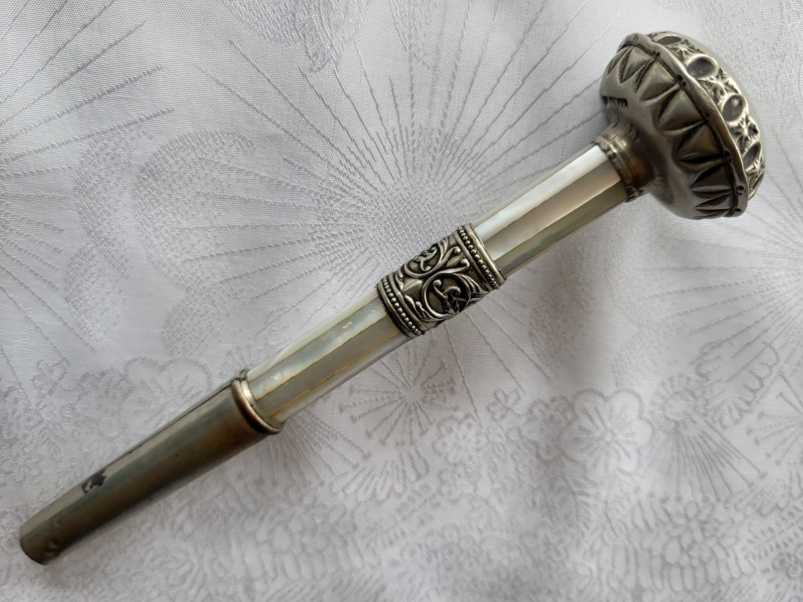 Antique Victorian German Silver Umbrella Parasol Cane Handle w Mother Of Pearl