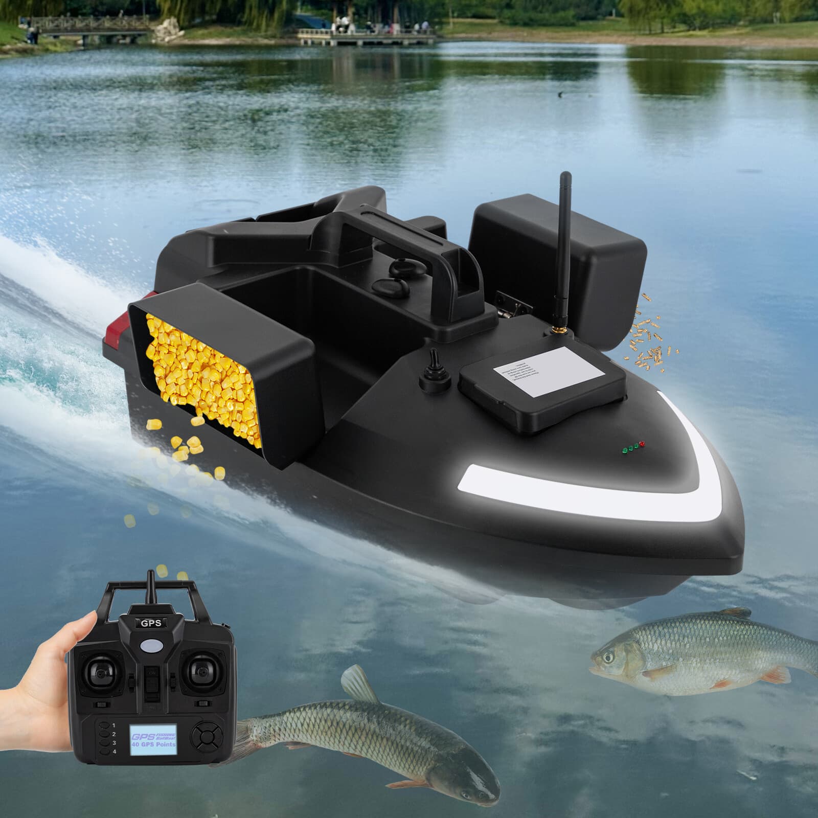 12000mAh GPS Fishing Bait Boat with Remote Control – Black, Long Range