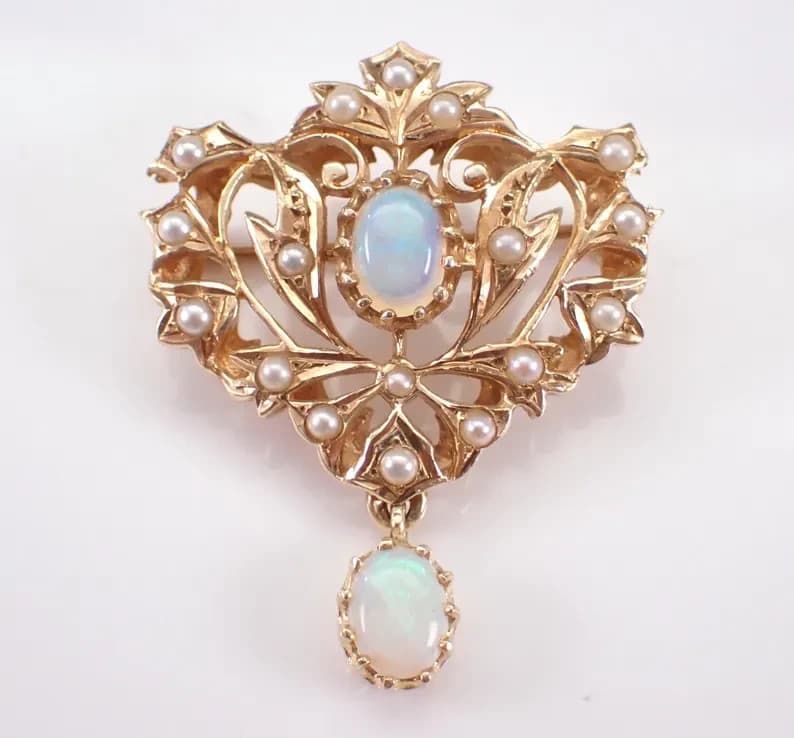 2.20Ct Oval Natural Fire Opal Vintage Estate Brooch Pin 14K Yellow Gold Plated