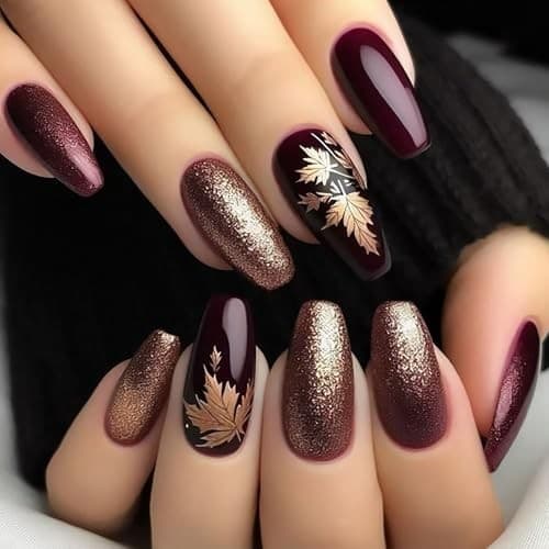 Fall Maple Leaf Press on Nails Medium Coffin Fake Nails Fall Press on Nails 1