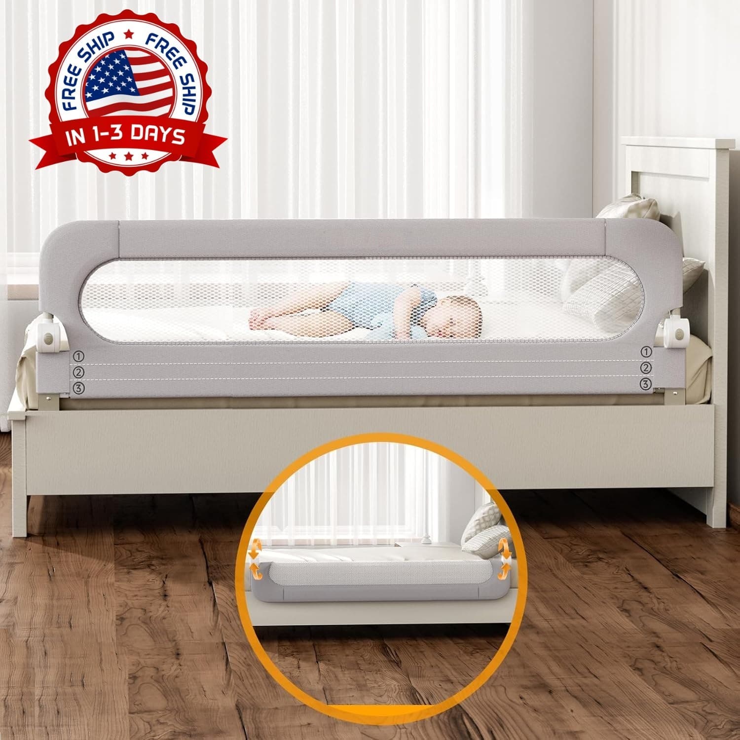 Barandilla plegable para cuna de bebé con sistema de seguridad de anclaje reforz