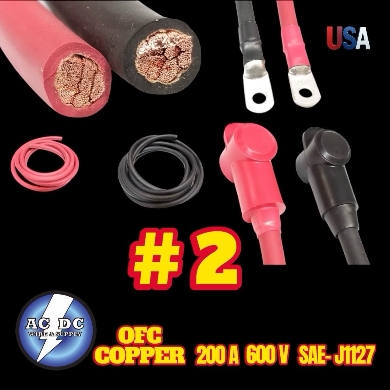 2 AWG Gauge Copper Battery Cable Power Wire Cars, Trucks, RV, Solar, w/ BOOTS