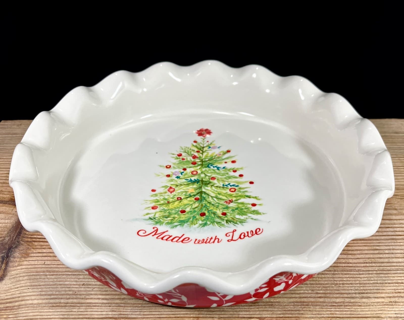 PIONEER WOMAN Baking Pie Dish Stoneware Ruffle ‘Made With Love’ Christmas Tree
