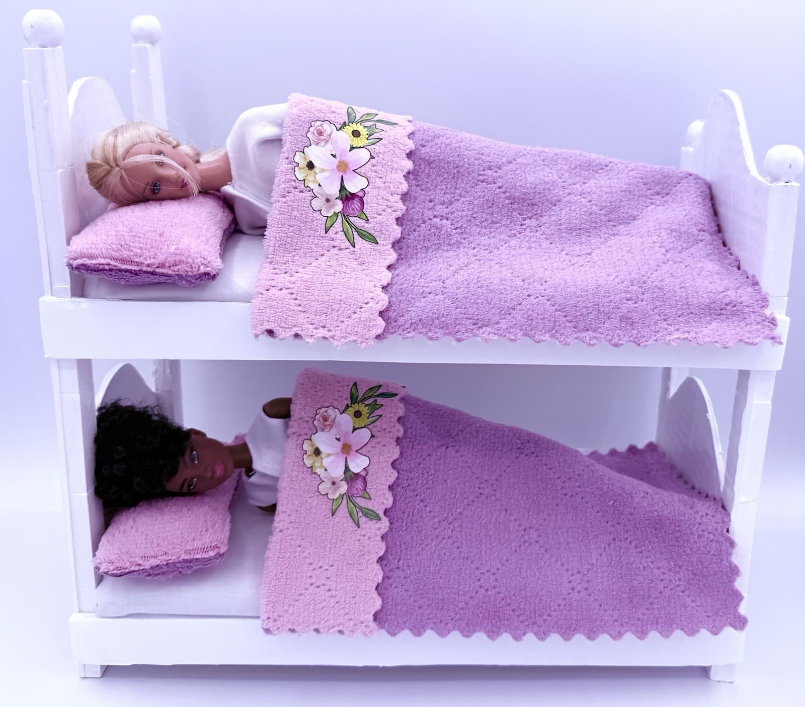 Fits Barbie Doll 4 Piece Fluffy FLORAL BEDDING SET BUNKBEDS Blankets Pillows