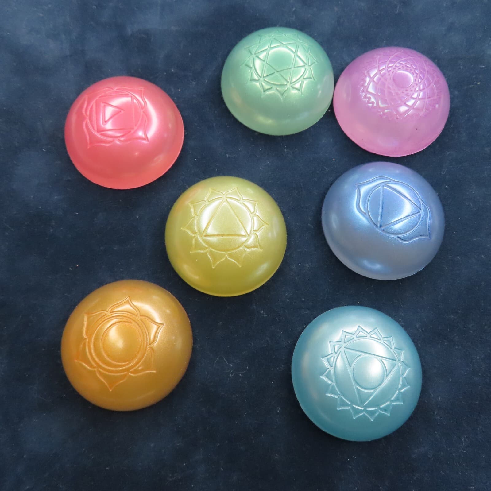 SANSKRIT Chakra Stones Set of 7 Round Dome Resin Wiccan Pagan Hindu Meditation