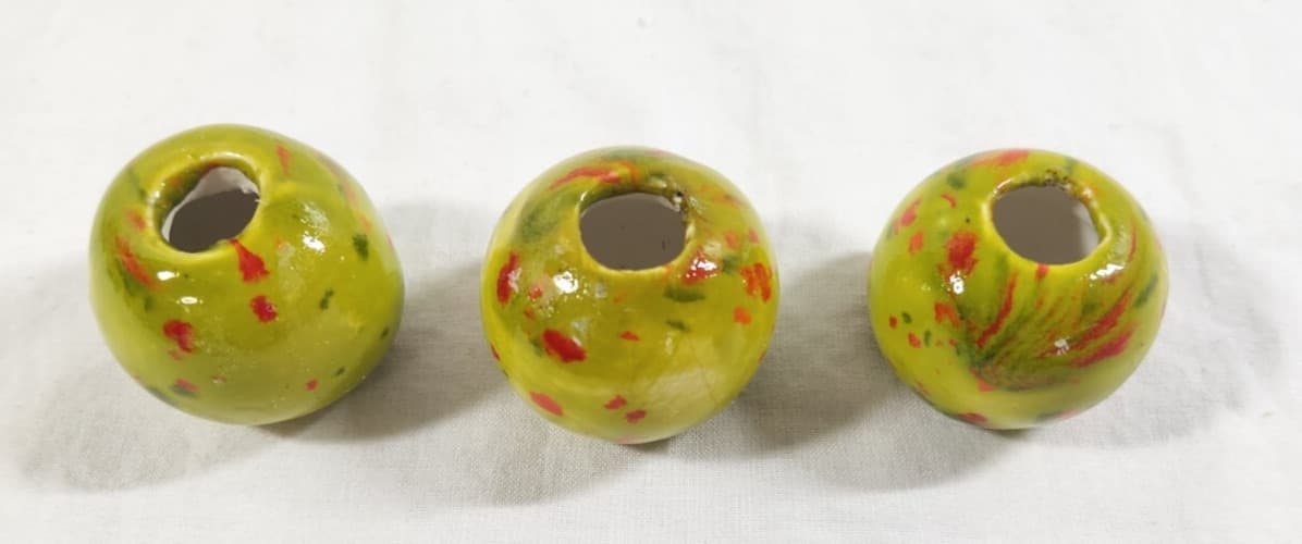 3 Vtg Green Specked Round Ceramic Macrame Beads