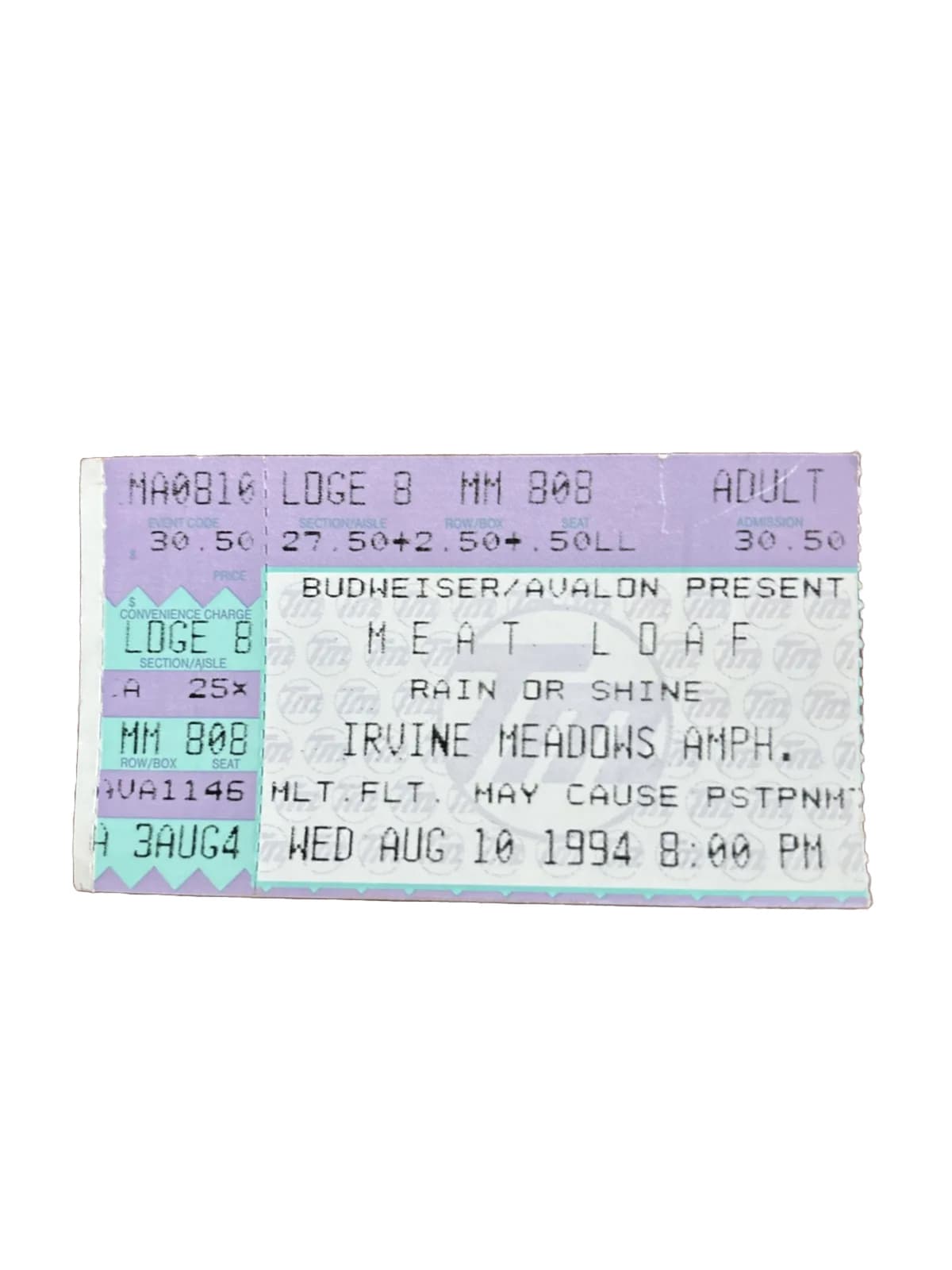 MEATLOAF Concert Ticket Stub August 10, 1994 Irvine Meadows Amphitheater