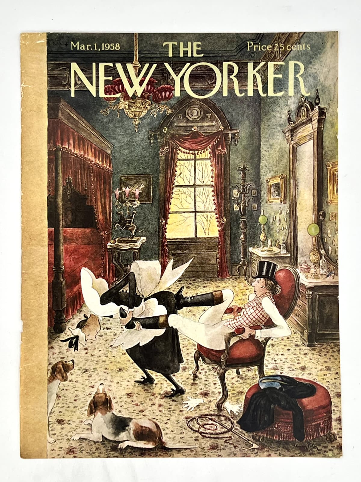 March 1, 1958 New Yorker Maid struggling to open lady's long boots