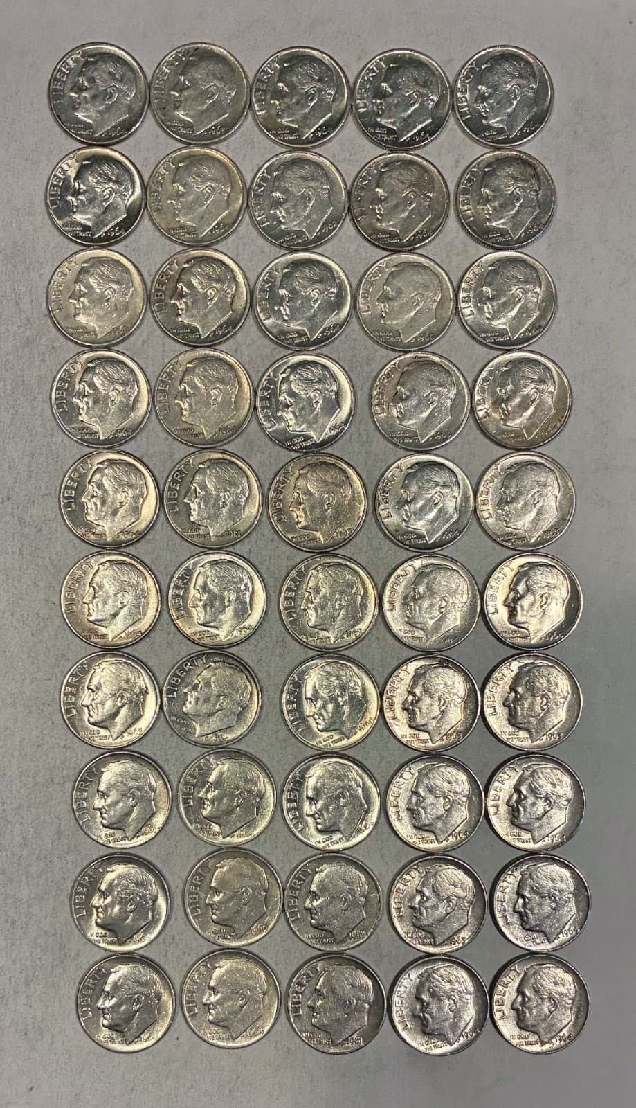 Lot of 50 90% silver 1960's circulated Roosevelt dimes $5.00 face value