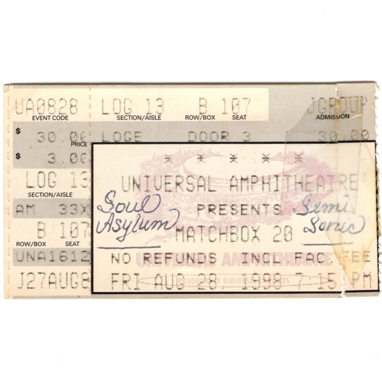 MATCHBOX 20 Concert Ticket Stub LA CA 8/28/88 YOURSELF OR SOMEONE LIKE YOU TOUR