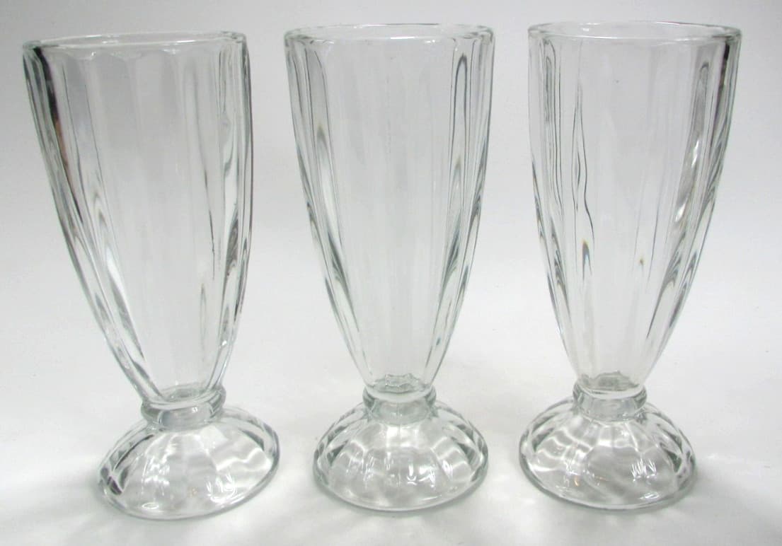 Set of 3 Rare Retro Soda Fountain Milkshake / Float Ribbed Footed Glasses 6 3/8"
