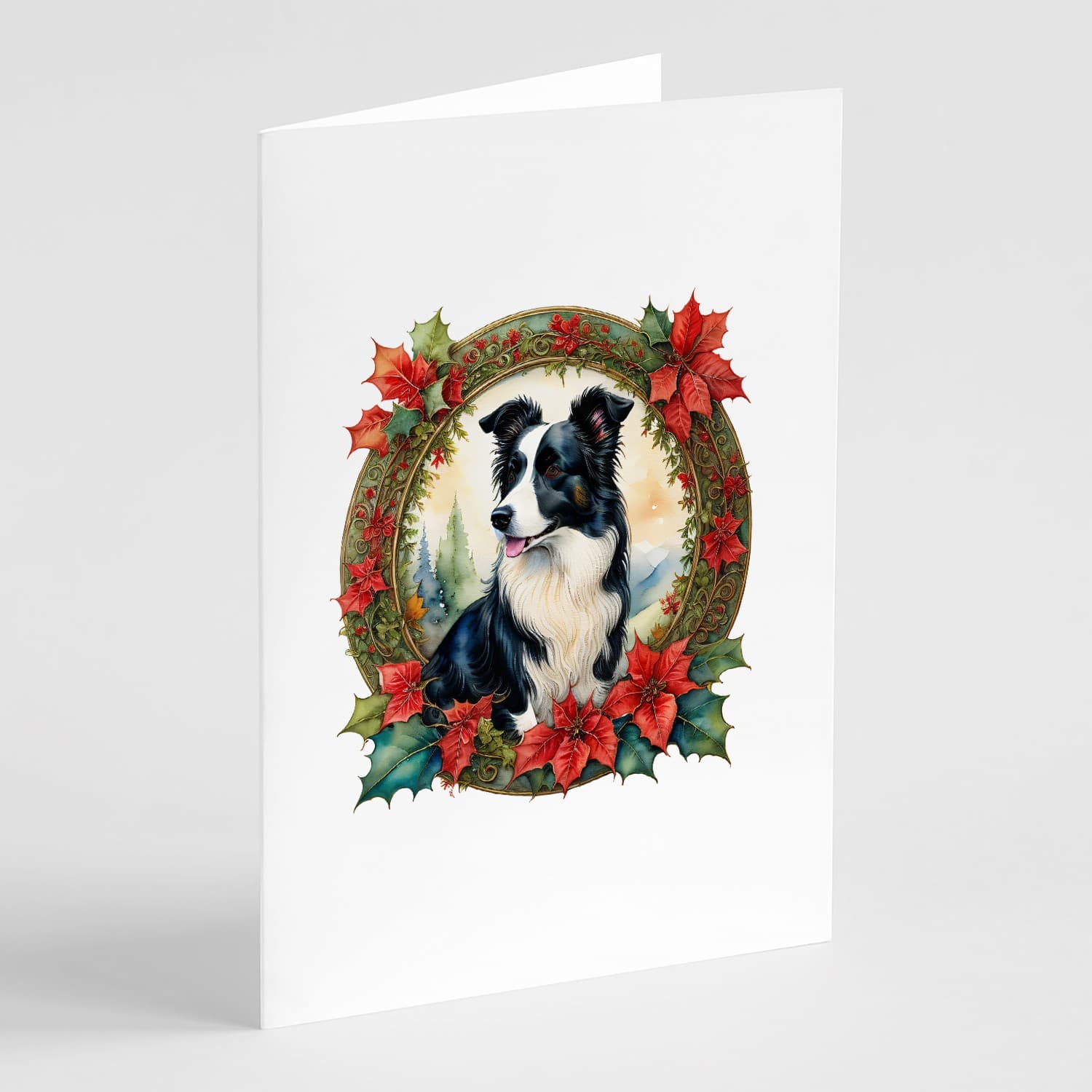 Border Collie Christmas Flowers Greeting Cards Envelopes Pack of 8 DAC2324GCA7P