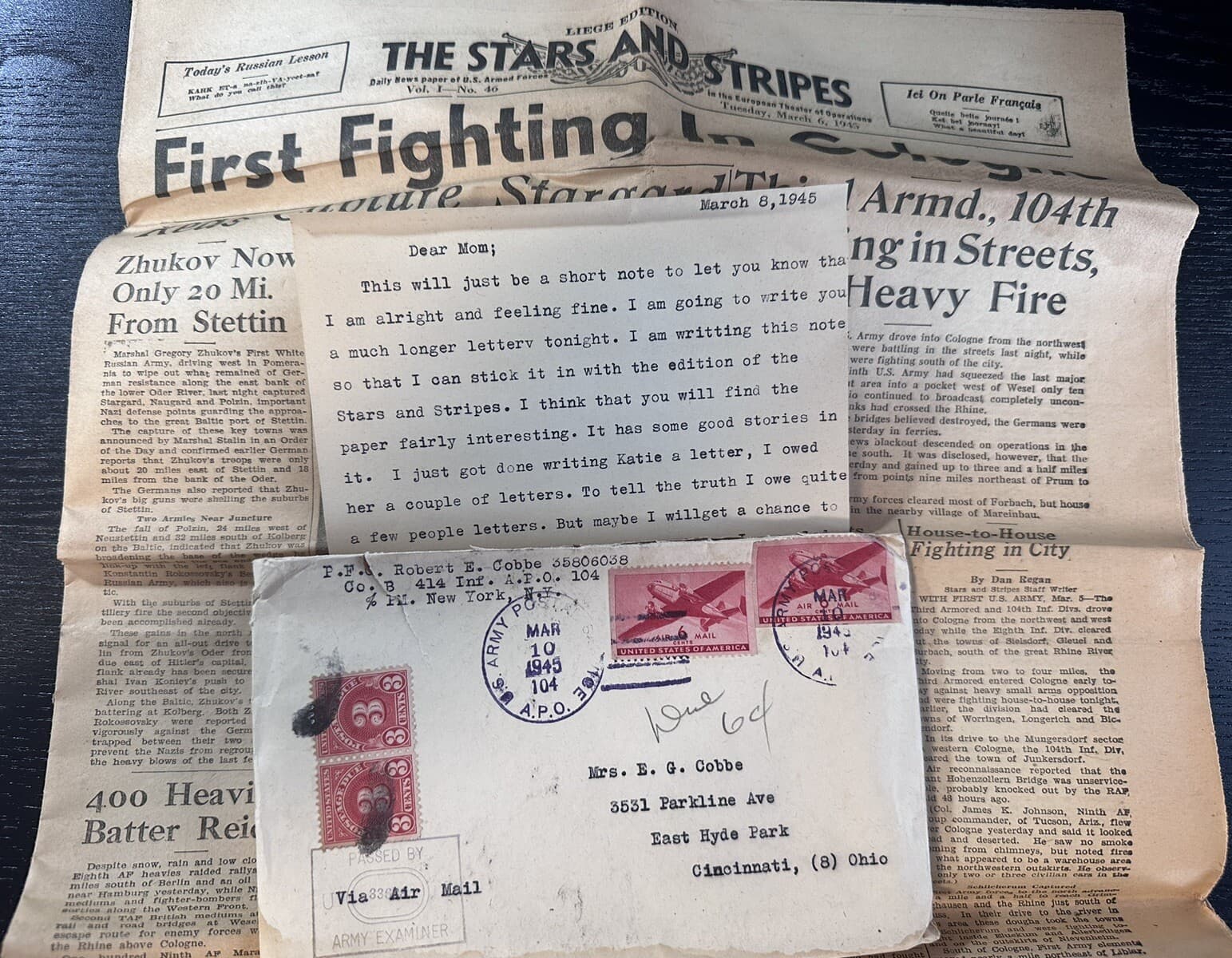 1945 WWII US Army 104th Timberwolf Infantry Division Letter Newspaper Germany