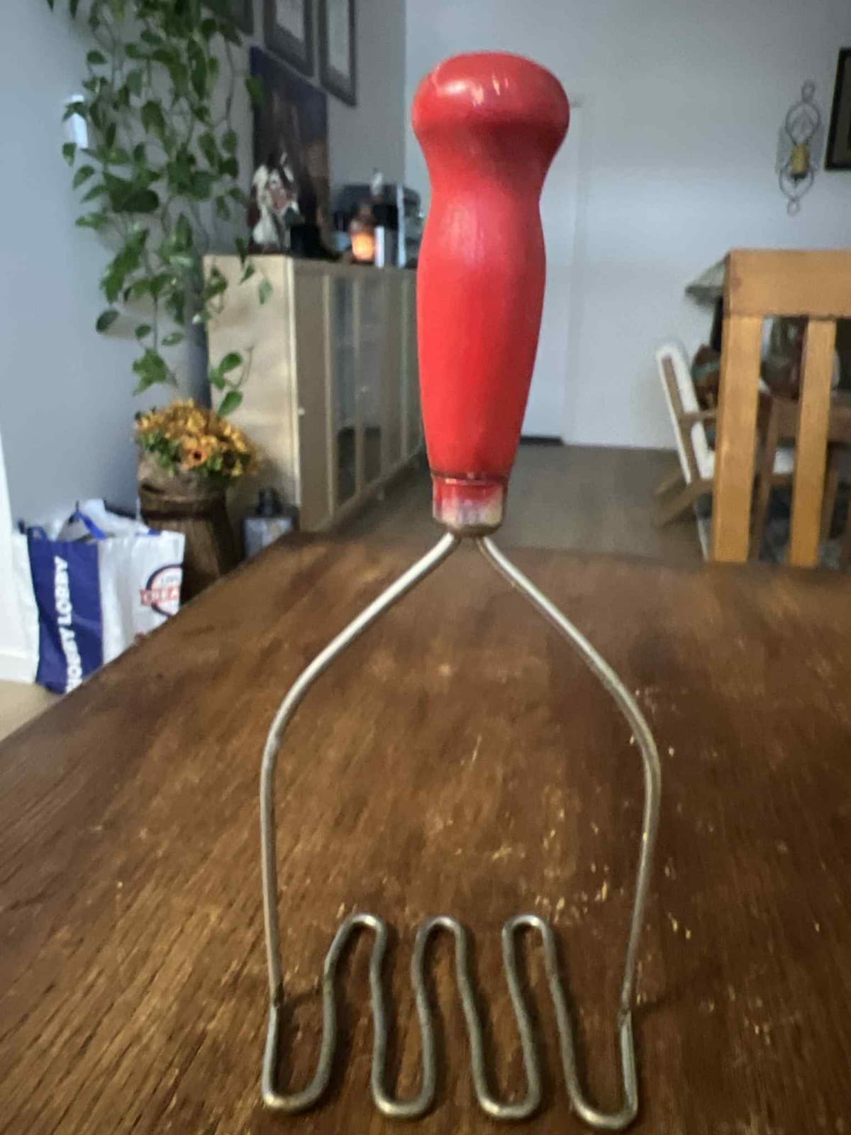 Antique Steel Potato Masher with Wood Chippy Red Painted Handle Primitive Rustic